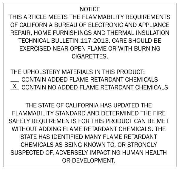 Example CAL 117 Label that appears on upholstered items