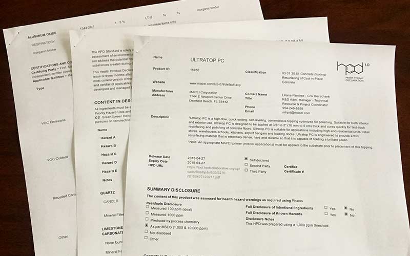 Photo of a printed Health Product Declaration, version 1.0