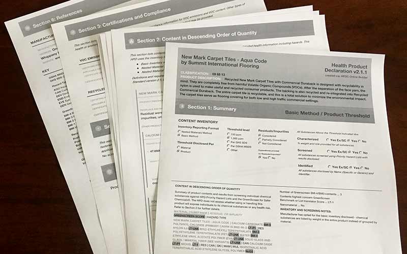 Photo of a printed Health Product Declaration, version 2.1.1