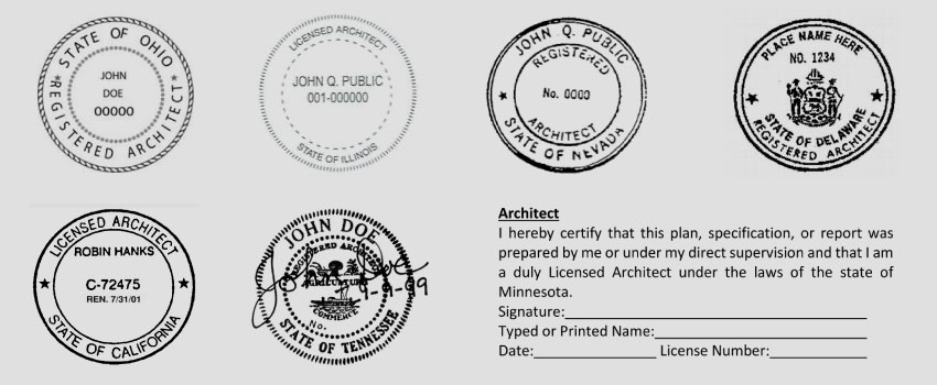Examples of stamps and seals used by architects in the United States