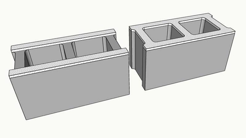 Image of CMU with face shell mortar bedding at left and full mortar bedding at right