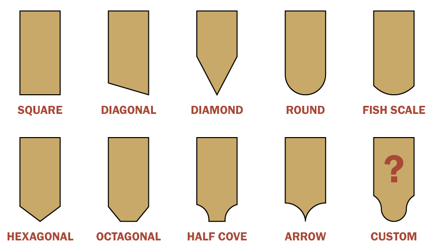 Graphic showing standard wood shingle shapes: square, diagonal, diamond, round, fish scale, hexagonal, octagonal, half-cover, arrow, and custom