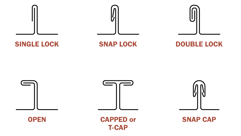Graphic is standing seam shapes: single lock, snap lock, double lock, open, capped, and snap cap